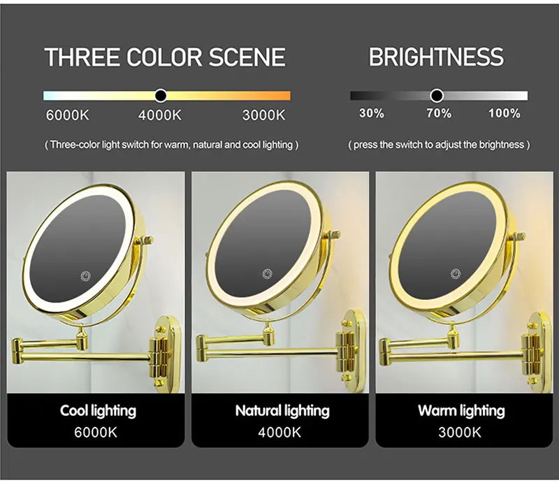 8 inch Makeup Mirror Matte Gold 3x/5x/7x/10x Magnifying Double Side USB Charging Bathroom 3 color light Cosmetic Mirrors