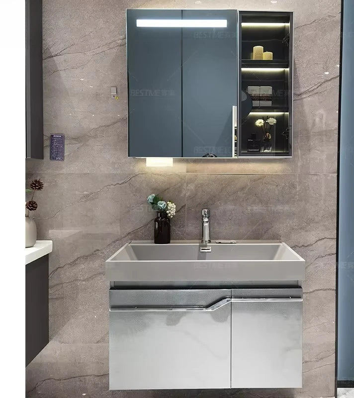 Luxury Stainless Steel Premium Wash Room Bath Cabinet Luxury Bathroom Cabinet with Mirror & Basin for Hotel Apartment