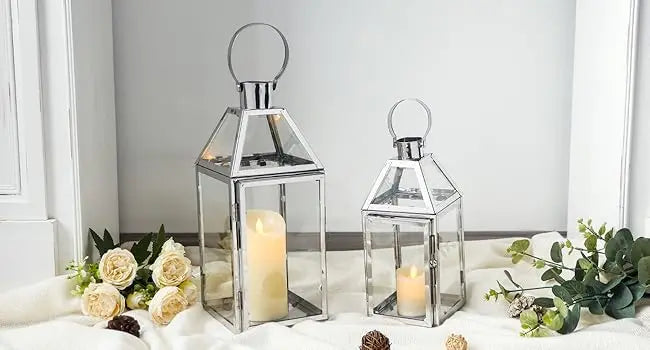Set of 2 Stainless Steel Decorative Lanterns 13"&10" H Metal Candle Holders with Tempered Glass for Home Decor Living Room Parti