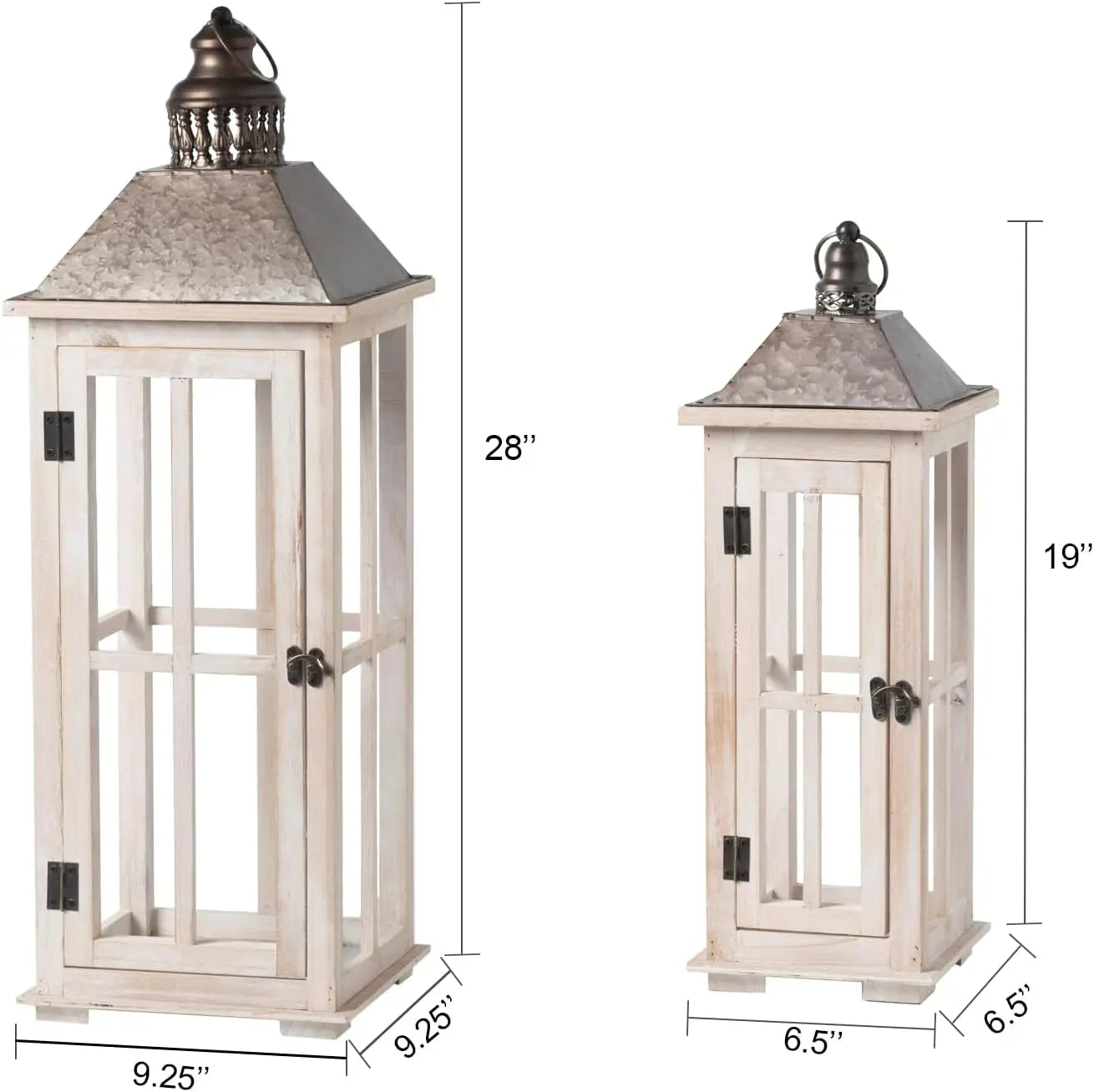 Large Rustic Wooden Decorative Lantern Set of 2, Modern Farmhouse Distressed Whitewash Floor Candle Lanterns, Indoor/Outdoor Han