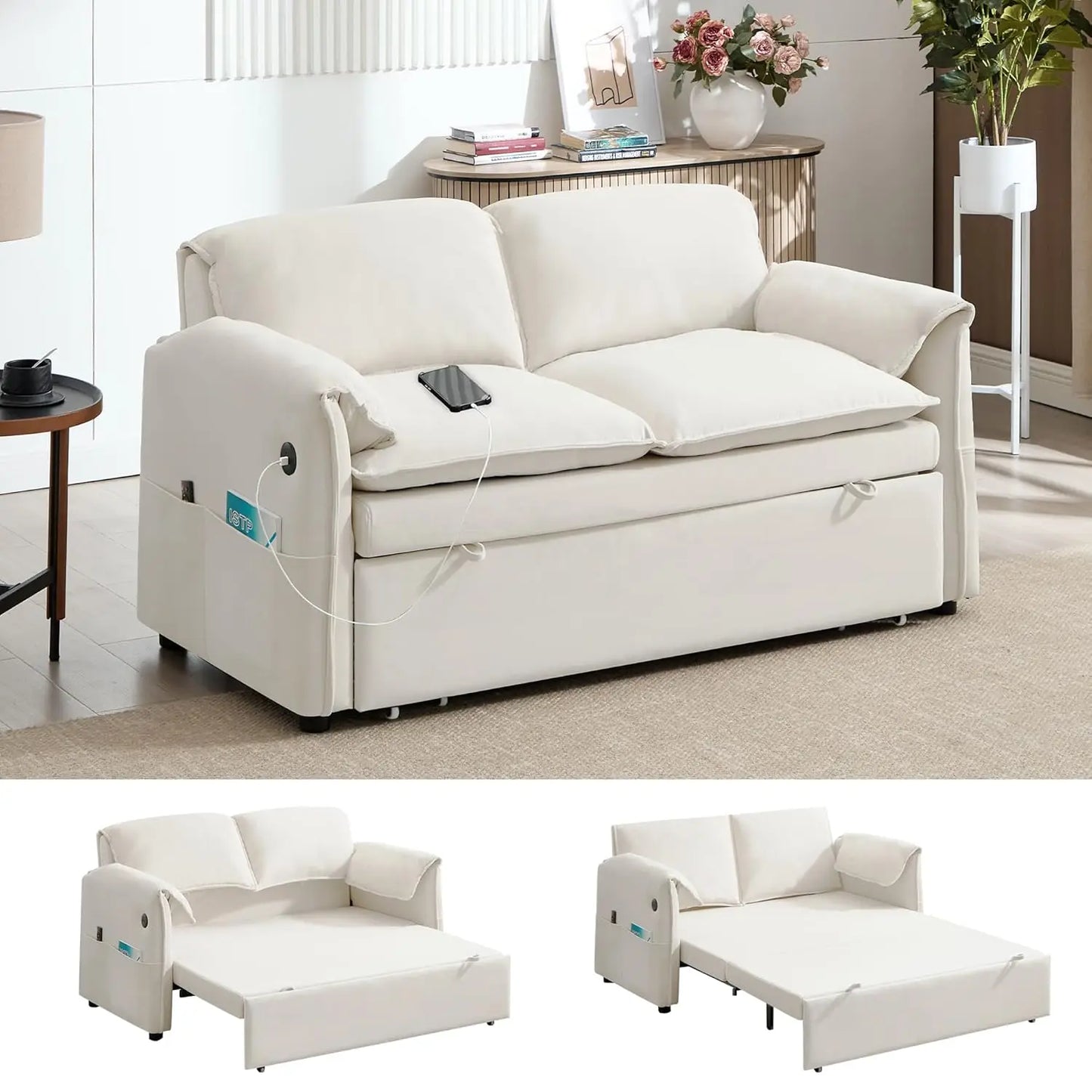 63" Velvet Pull Out Couch, 3 in 1 Convertible Sleeper Sofa Bed with Adjustable Backrest, Modern Loveseat Sleeper, Customized