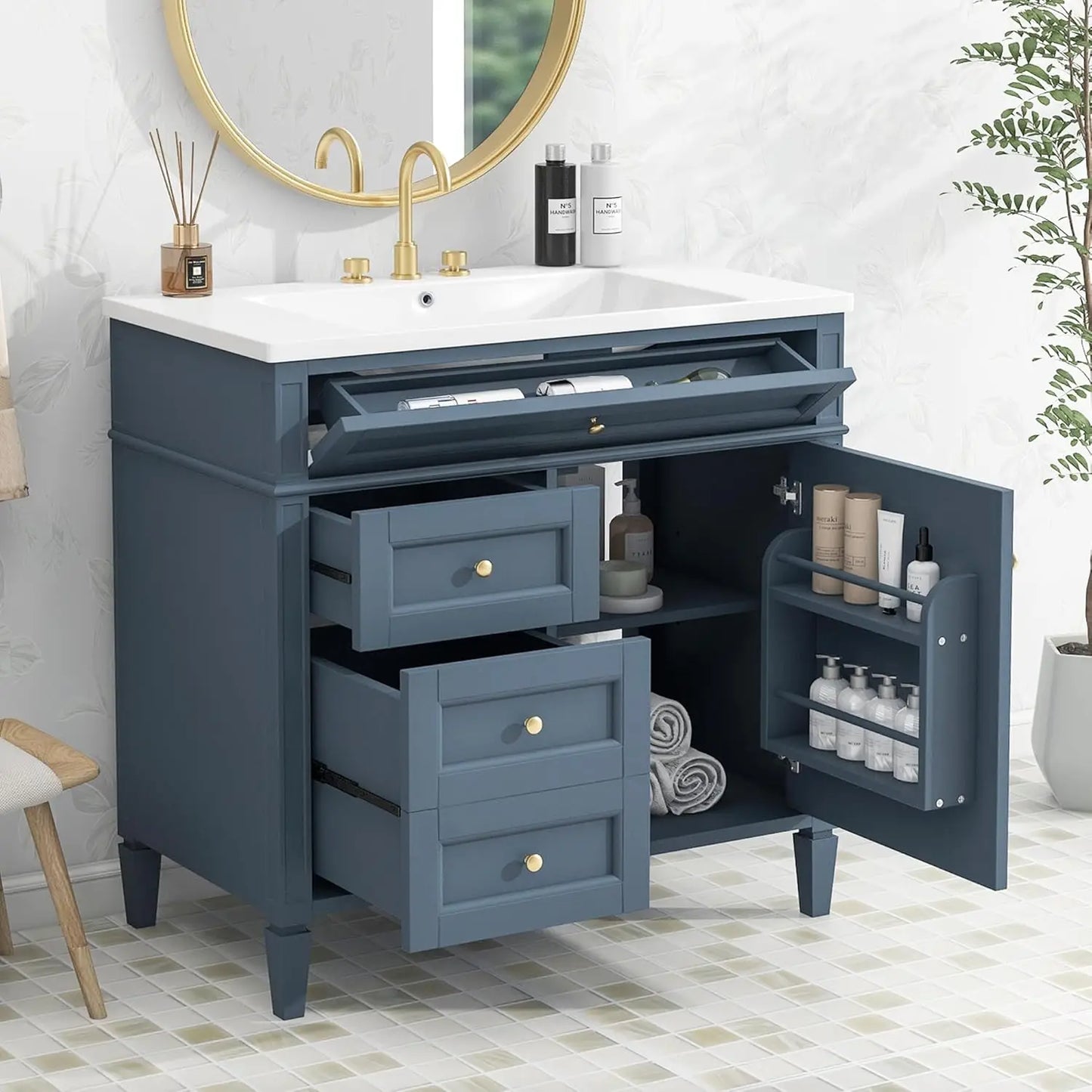 36in Solid Wood Bathroom Vanity with Soft-Close Doors & Tip-Out Drawer Undermount Sink Cabinet Green Customized